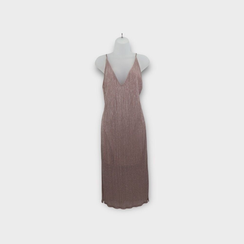 Express Dress Formal Slip Shimmer Strappy Plunging V Double Slit Midi beige M P - Picture 1 of 10